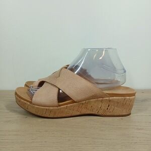 Kork Ease Sandals Women 9 Tan Leather Criss Cross Thong Wedge Slide Boho